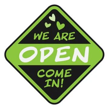 Friendly COME IN WE ARE OPEN sign with green hand-drawn hearts イラスト素材