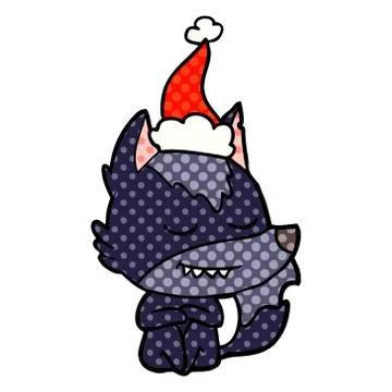 Friendly comic book style illustration of a wolf sitting wearing santa hat 스톡 일러스트