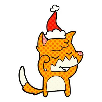 Friendly comic book style illustration of a fox waking up wearing santa hat Stock Illustration