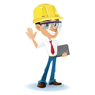 Friendly construction foreman cartoon character waving and holding blueprints Stock Illustration