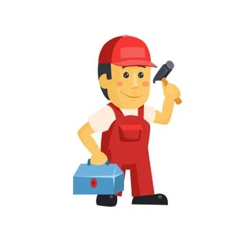 Friendly construction worker man with tools, vector Stock Illustration