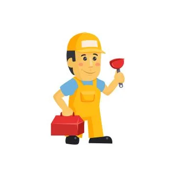 Friendly construction worker man with tools, vector Stock Illustration