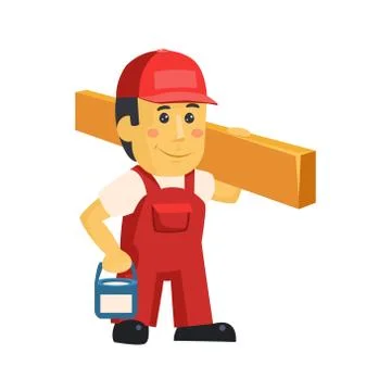 Friendly construction worker man with tools, vector Stock Illustration
