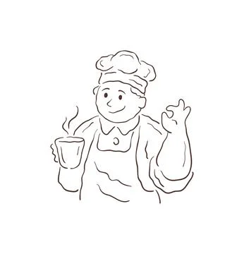 A friendly cook in a chef hat holds a hot mug, showing a sign of approval. A  스톡 일러스트