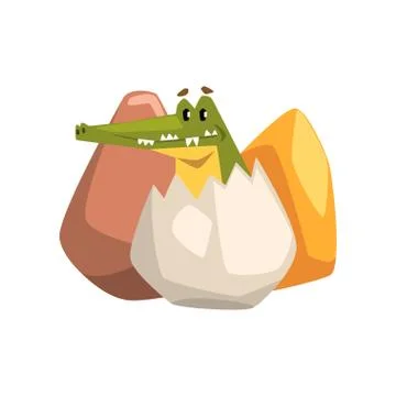 Friendly crocodile hatching from an egg, funny predator cartoon character vector Stock Illustration