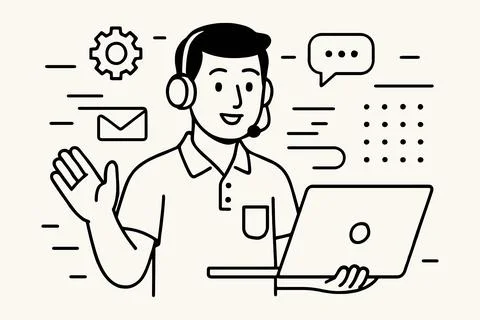 Friendly customer service agent with headset and laptop waves hello Illustrazione stock