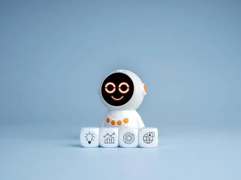 Friendly cute AI assistant robot with business automation icons. Chatbot, v.. Stock Photos
