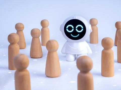 Friendly cute robot assistant connecting with people in digital network. AI.. Stock Photos