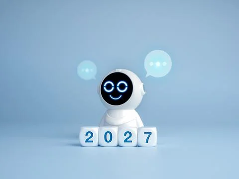 Friendly cute robot stands behind 2027 number blocks with glowing speech bu.. Stock Photos