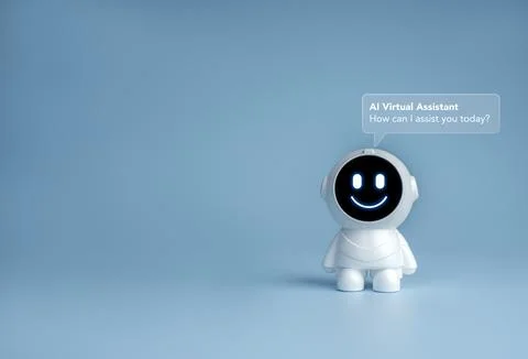 Friendly cute white AI customer support robot offering 24 hours virtual ass.. Stock Photos