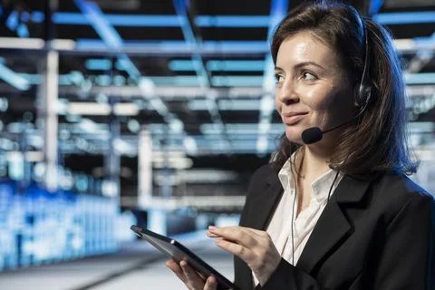 Friendly data center customer service agent uses headset mic to talk with users Stockfoto's
