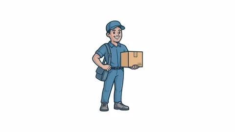Friendly Delivery Man in Blue Uniform Carrying a Cardboard Parcel Box Stock Footage 334641813