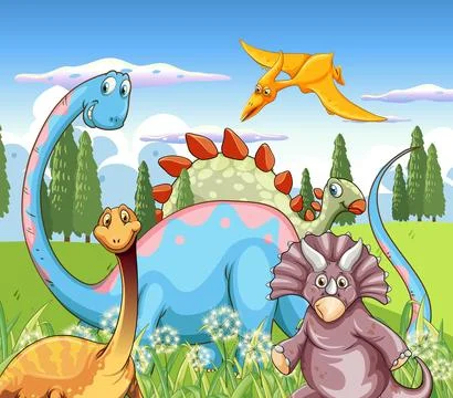 Friendly Dinosaurs in a Meadow Stock Illustration