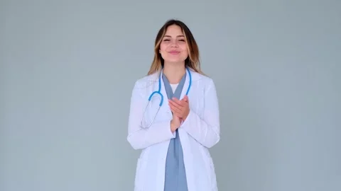 Friendly Doctor Or Nurse Clapping Hands In Respect On Gray Background Stock Footage 286305168