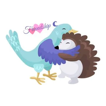 Friendly embraces of characters bird and hedgehog Stock Illustration