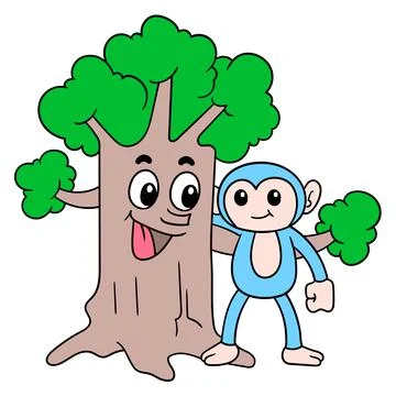 The friendly faced lush tree befriends the cute monkeys in the forest, doodle Illustrazione stock