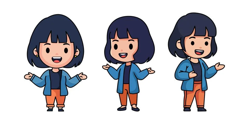 Friendly female cartoon character presenting with open hand gestures Cute v.. イラスト素材