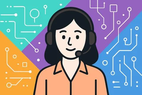 Friendly female customer service operator with headset and circuit board ba.. Illustrazione stock