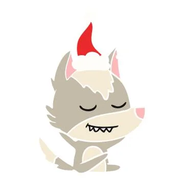 Friendly flat color illustration of a wolf sitting wearing santa hat 스톡 일러스트
