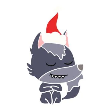 Friendly flat color illustration of a wolf sitting wearing santa hat 스톡 일러스트