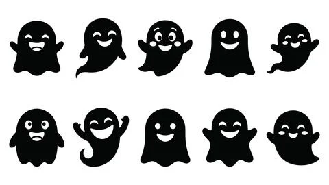 Friendly ghost characters collection with cheerful expressions. Stock-Illustration