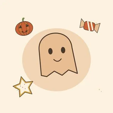 Friendly ghost with pumpkin and wrapped candy. Decorative flat vector composi Stock Illustration