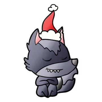 Friendly gradient cartoon of a wolf sitting wearing santa hat イラスト素材