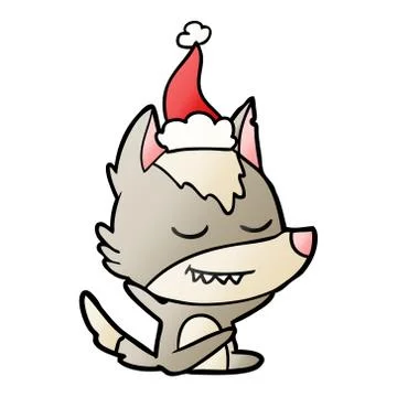 Friendly gradient cartoon of a wolf sitting wearing santa hat 스톡 일러스트