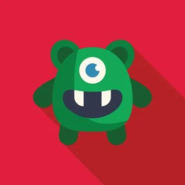 Friendly green monster smiling with one eye and two teeth on red background Stock Illustration