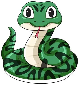 Friendly green snake character with black spots and pink tongue isolated on w Illustrazione stock
