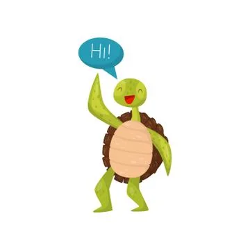 Friendly green turtle waving flipper and saying Hi. Cartoon marine reptile with Stock Illustration