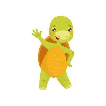 Friendly green turtle waving hand. Reptile with brown shell and cute muzzle Stock Illustration