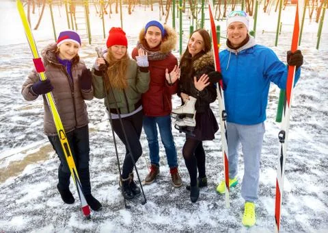 Friendly group of athletes posing and smilin Stock Photos