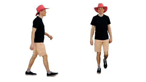 Friendly guy walking in black t-shirt and pink cowboy hat, 2 in 1, alpha channel Stock Footage 90784408