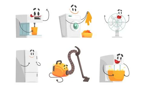 Friendly Humanized Household Appliance Working at Kitchen Vector Set Stock Illustration