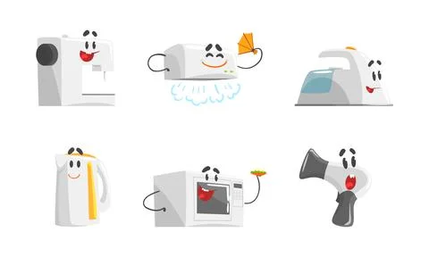 Friendly Humanized Household Appliance Working at Kitchen Vector Set Stock Illustration
