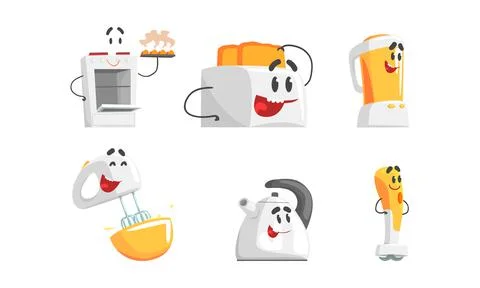 Friendly Humanized Household Appliance Working at Kitchen Vector Set Stock Illustration