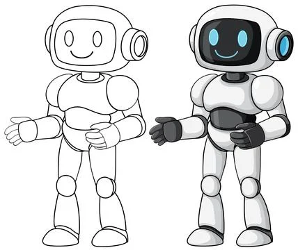 Friendly Humanoid Robot Character in Line Art and Color Stock Illustration