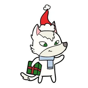 Friendly line drawing of a christmas wolf wearing santa hat 스톡 일러스트