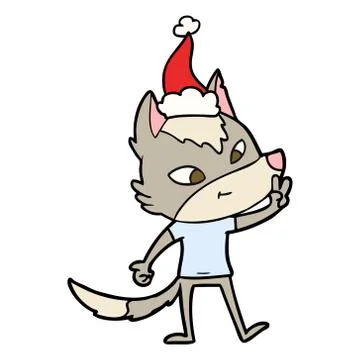 Friendly line drawing of a wolf giving peace sign wearing santa hat Illustrazione stock