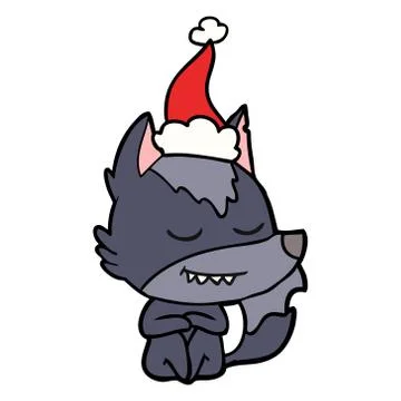 Friendly line drawing of a wolf sitting wearing santa hat 스톡 일러스트