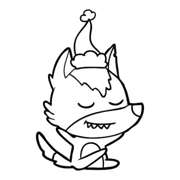 Friendly line drawing of a wolf sitting wearing santa hat 스톡 일러스트