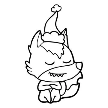 Friendly line drawing of a wolf sitting wearing santa hat 스톡 일러스트