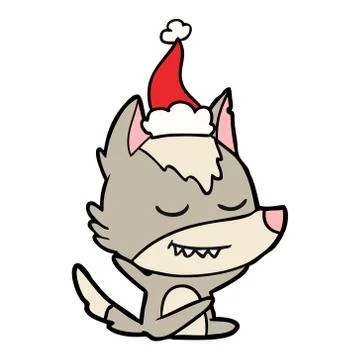Friendly line drawing of a wolf sitting wearing santa hat イラスト素材