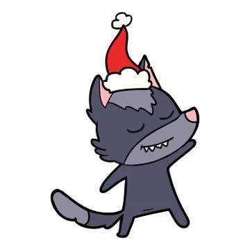 Friendly line drawing of a wolf wearing santa hat Illustrazione stock