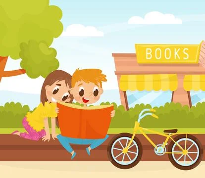 Friendly Little Kids Reading Book Together Vector Illustration Ilustración de archivo