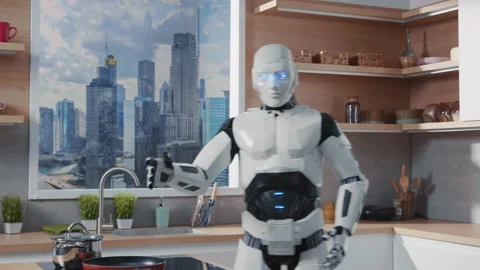 Friendly-looking funny human-like robot dancing in modern kitchen while cooking Stock Footage 196231625