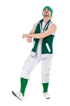 Friendly man dressed like a funny gnome dancing Isolated on white Stock Photos