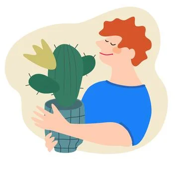 Friendly man holding cactus. Flat vector illustration. Indoor plants growin.. Stock Illustration