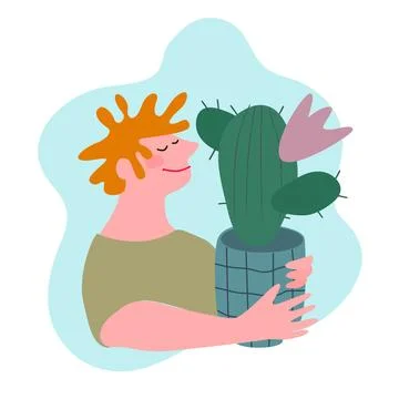 Friendly man holding cactus. Flat vector illustration. Indoor plants growin.. Stock Illustration
